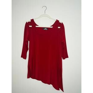 Sympli Tunic Womens Holiday Red Cold Shoulder Cutout Asymmetrical Slinky Size 8